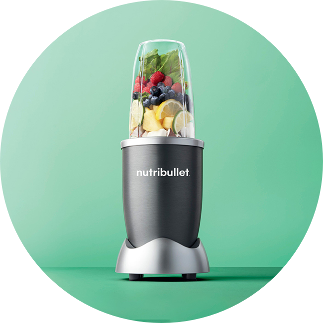 Nutribullet testimonial image featuring a customer holding a smoothie with the blender in the background.