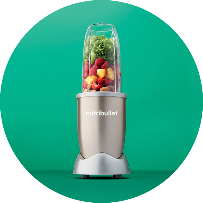 Nutribullet Pro 900 blender in a testimonial image, showcasing its sleek design with a smoothie in the background.